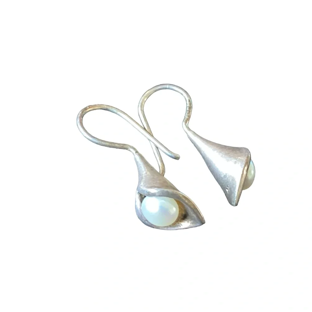 Sterling Silver and Pearl Bugle Shaped Teardrop Earrings